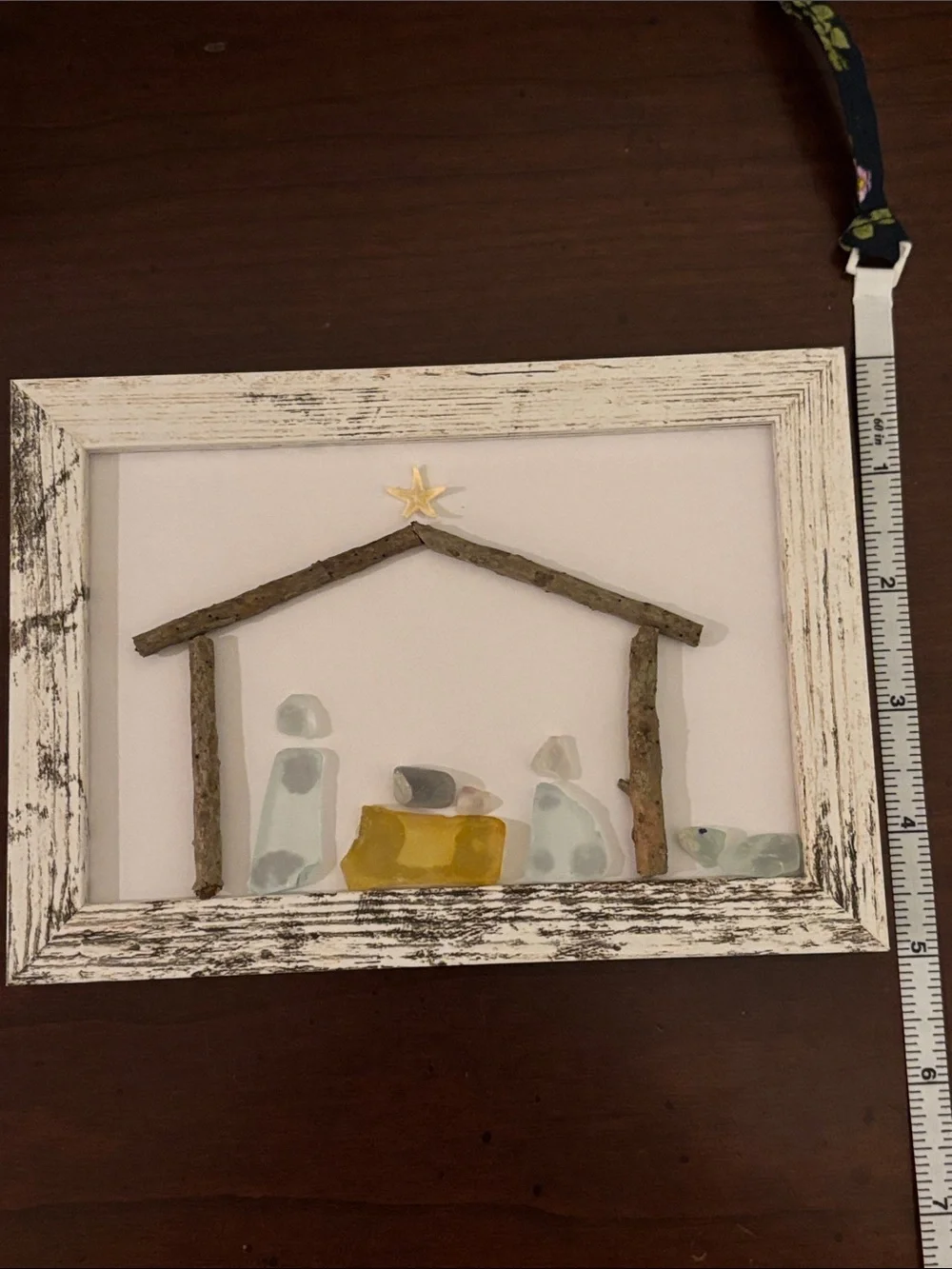 Handcrafted Sea Glass Nativity Scene Art – White Rustic Wood Frame